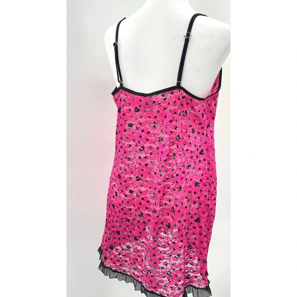 Hot Pink Heart Print Sheer Lace Layering Slip Dress Chemise Coverup Size L